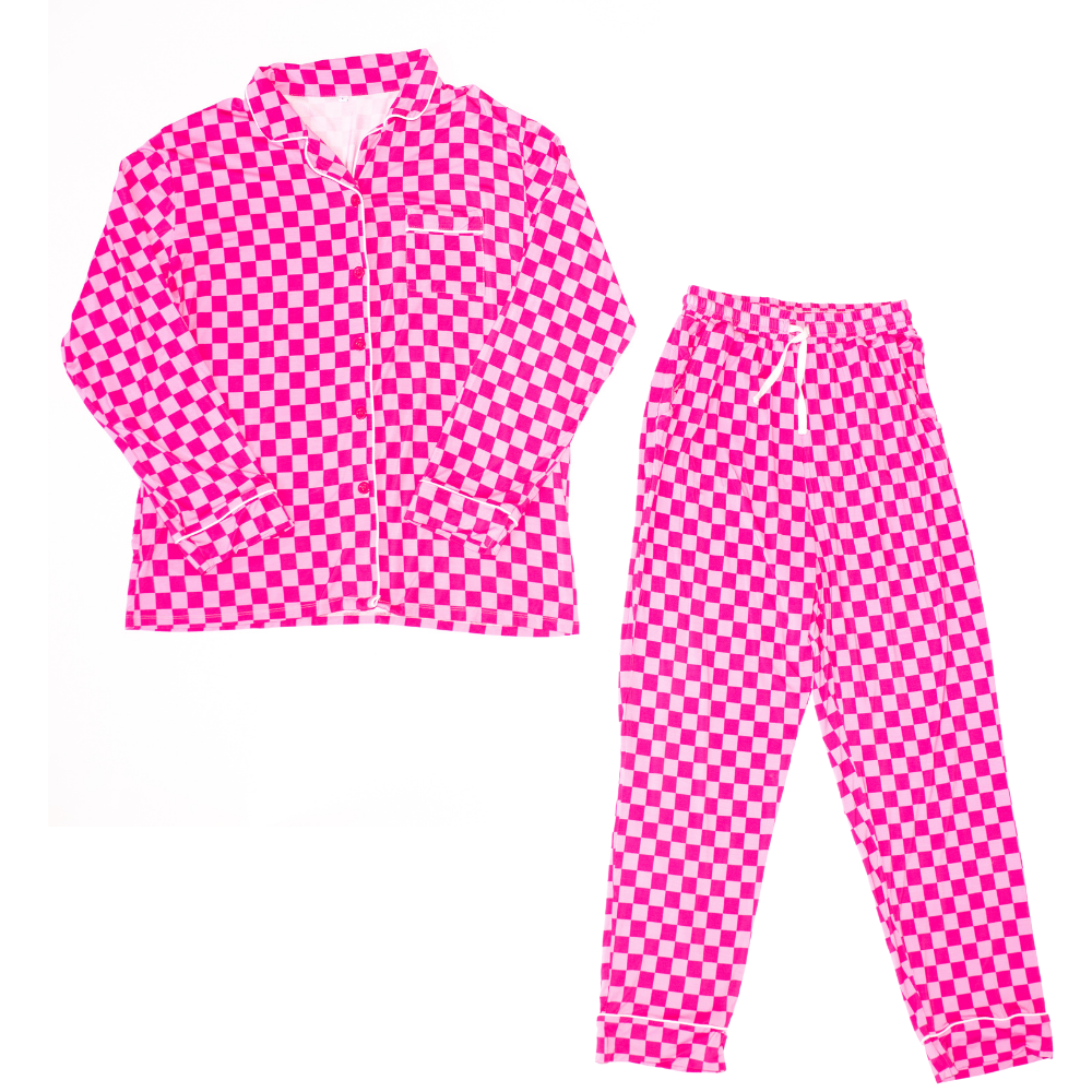 soft bamboo fabric pink checker pajamas with contrast piping