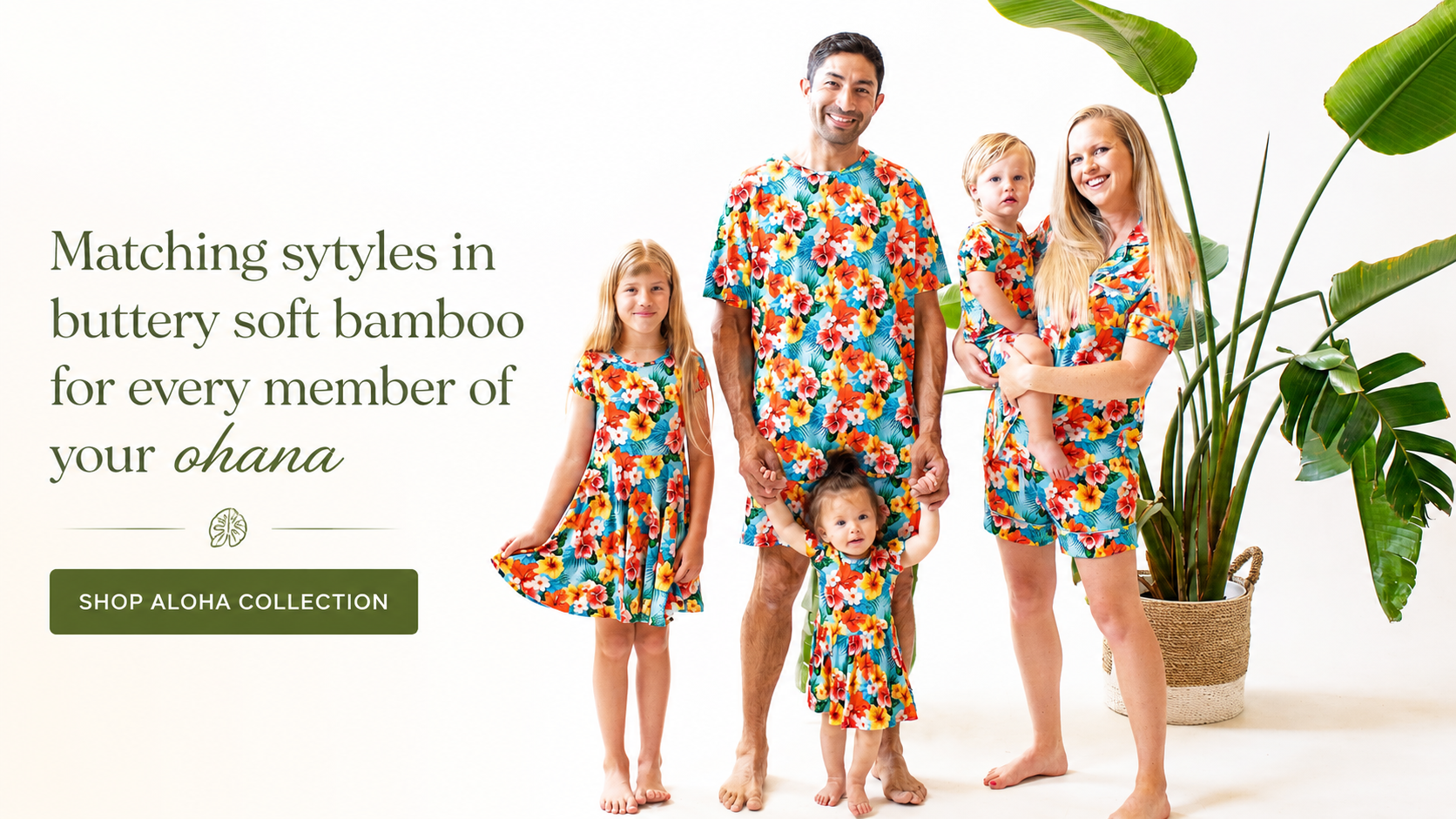Family wearing matching tropical aloha bamboo pajamas and loungewear from Khlobe bamboo collection