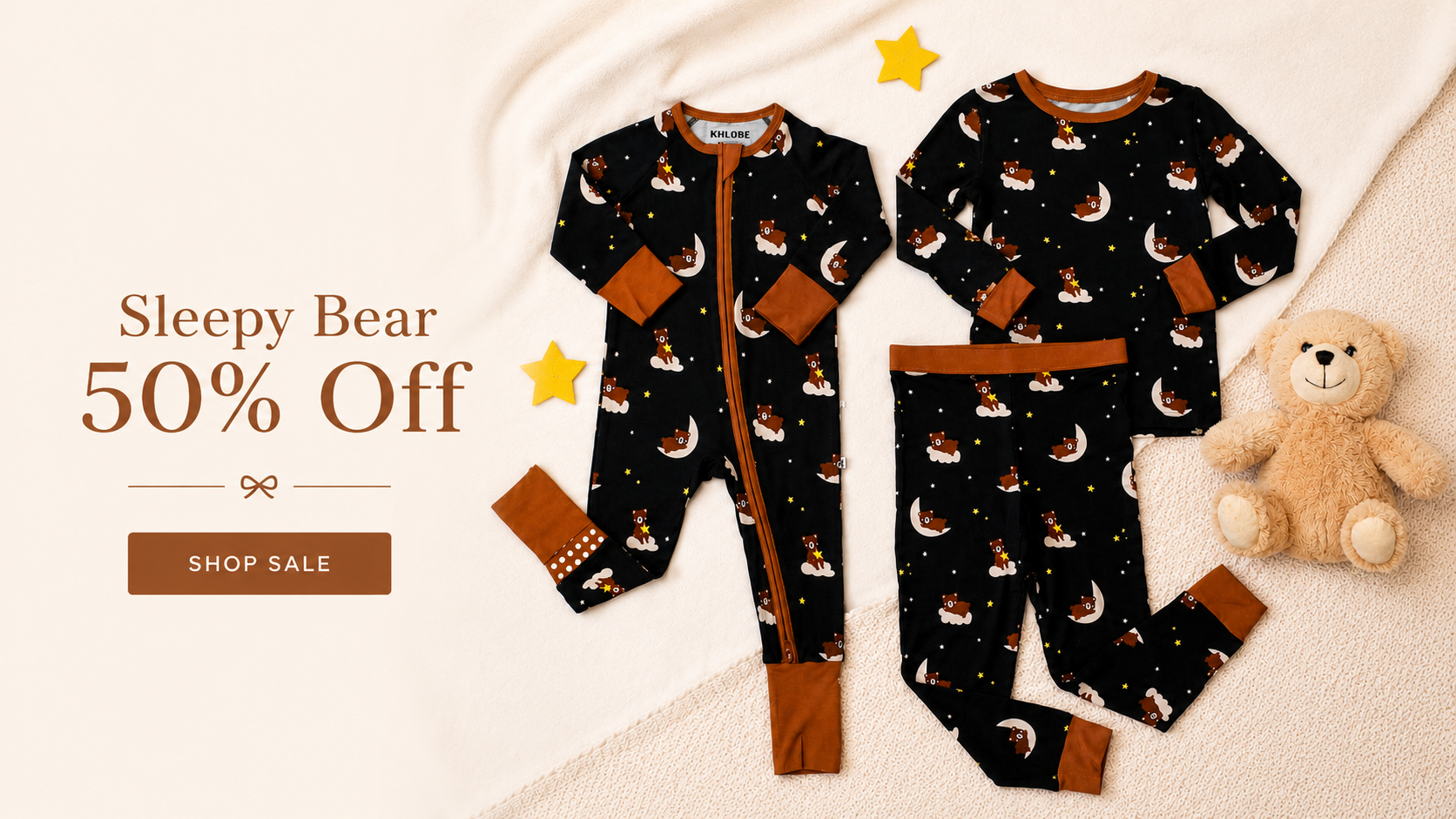 Khlobe Sleepy Bear bamboo pajamas for babies and kids with teddy bear moon print, 50% off sale homepage banner