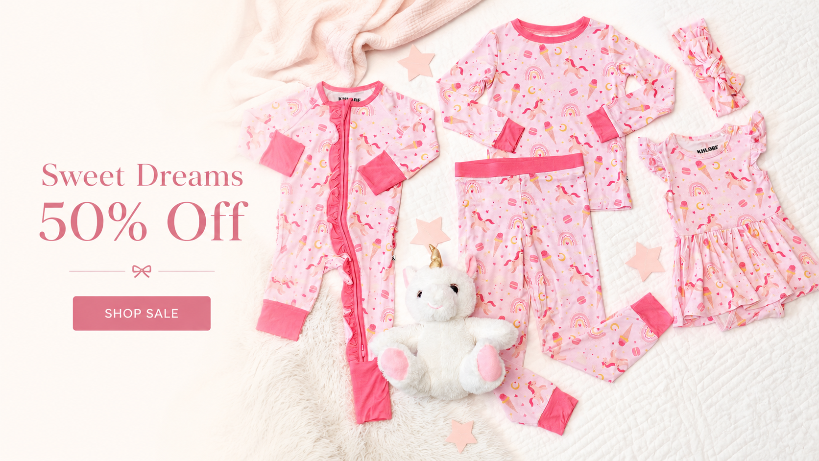 Khlobe Sweet Dreams bamboo pajamas for babies and kids with unicorn and rainbow print, 50% off sale homepage banner