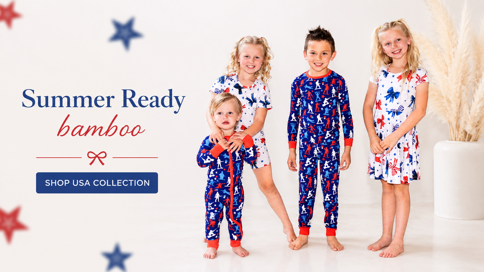 Kids wearing patriotic red white and blue bamboo pajamas from the Khlobe USA Collection
