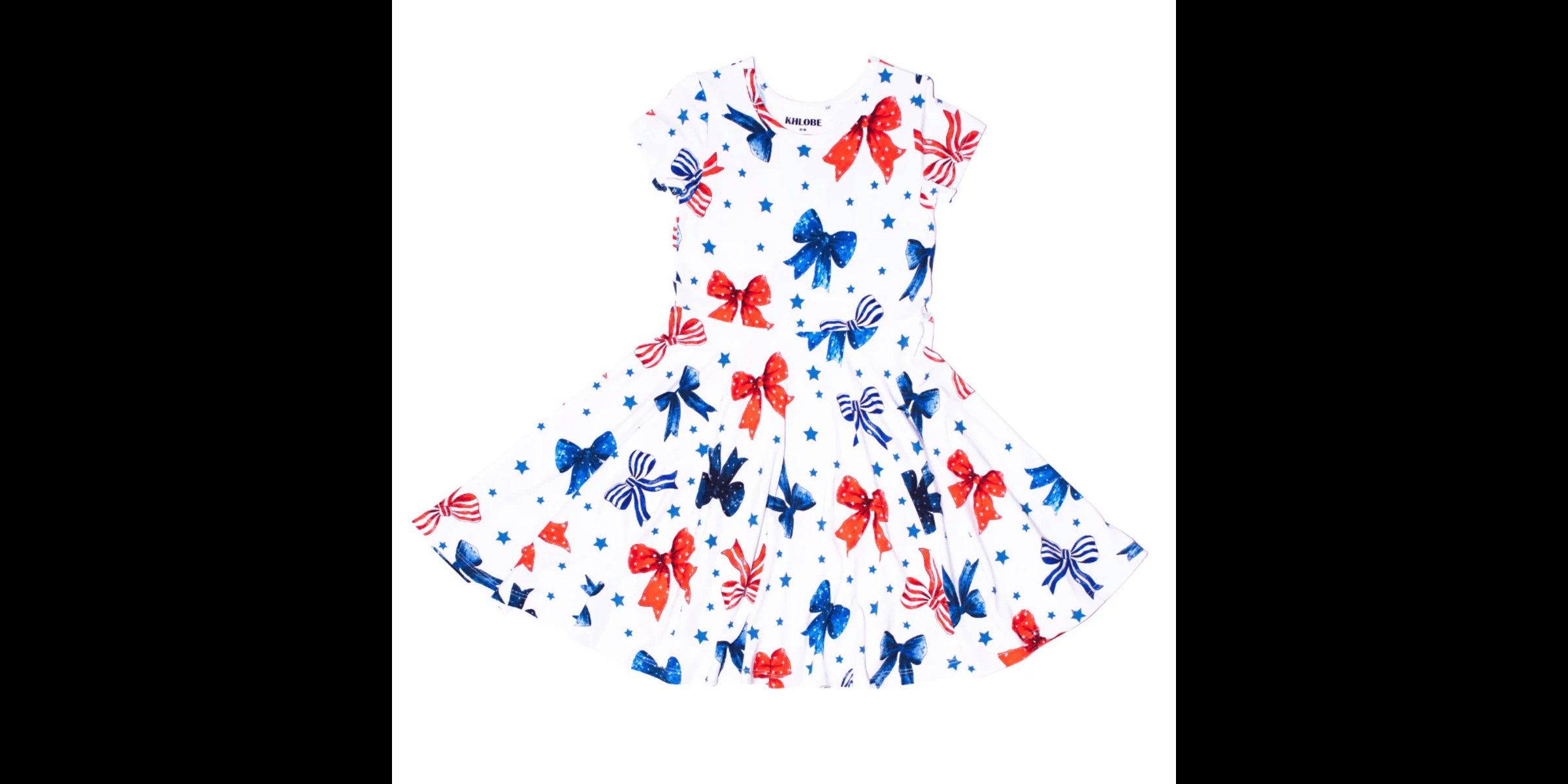 Khlobe toddler bamboo twirl dress with red, white, and blue bow prints, short sleeves, and flared skirt
