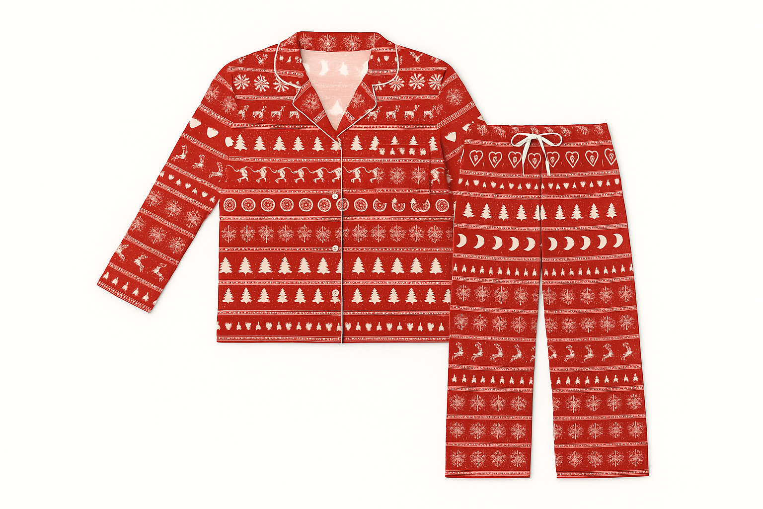 Red and white Christmas-themed bamboo pajama set for men and women displayed flat on a white background