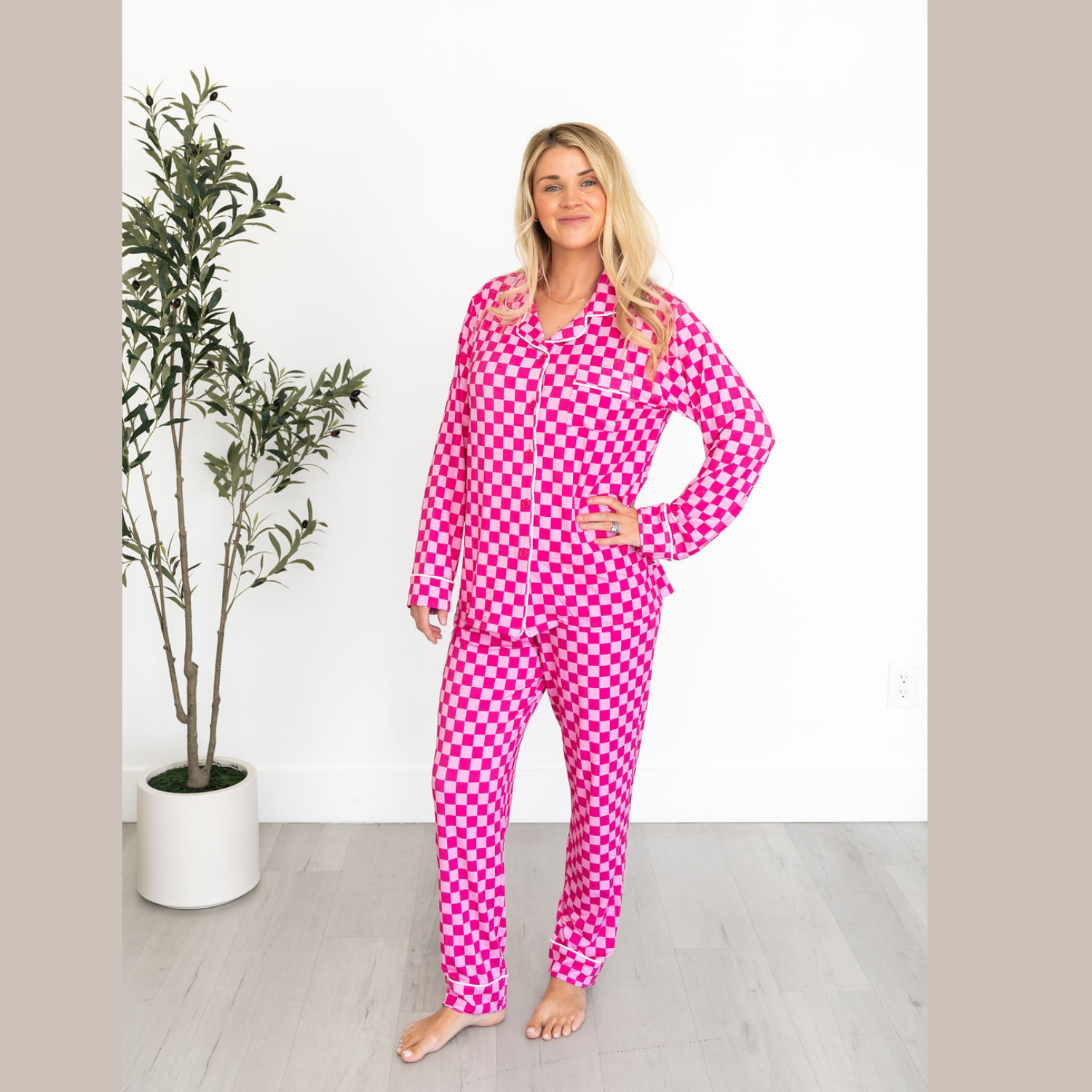 pink checker button up bamboo pajamas women