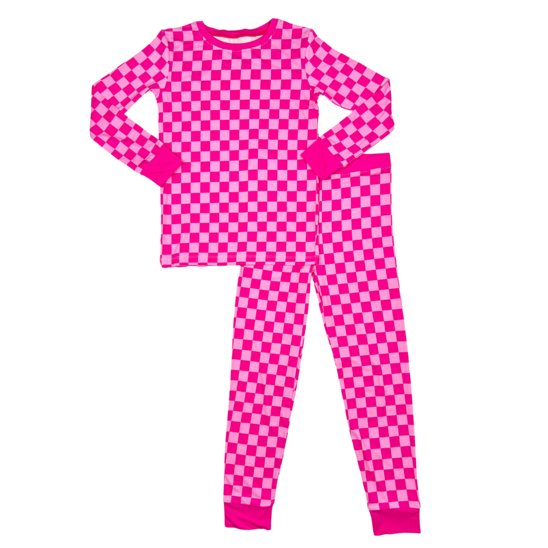 pink checker bamboo pajamas two piece set